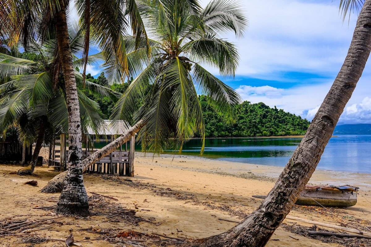 Version 2: the same beach with rich greens, warm sand and a blue sky.